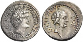 Marcus Antonius, Lucius Antonius with L. Cocceius Nerva. Denarius, mint moving with Marcus Antonius 41, AR 3.81 g. M·ANT·IMP·AVG III VIR·R·P·C·M NERVA...