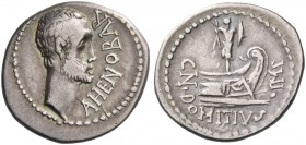 Cn. Domitius Ahenobarbus. Denarius, mint moving with Ahenobarbus in 41, AR 3.65 g. AHENOBAR Male head r., slightly bearded. Rev. CN·DOMITIVS IMP Troph...