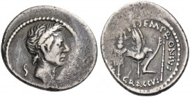 Ti. Sempronius Gracchus. Denarius 40? or later, AR 3.78 g. S – C Laureate head of J. Caesar r. Rev. TI·SEMPRONIVS·GRACCVS – [Q·DES] Vexillum, Aquila, ...