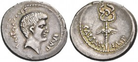 C. Caesar Octavianus and Marcus Antonius. Denarius, mint moving with Octavian 39, AR 4.09 g. ANTONIVS – IMP Head of M. Antonius r. Rev. CAESAR – IMP C...