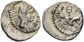 C. Caesar Octavianus and Marcus Antonius. Quinarius, mint moving with Octavian 39, AR 1.88 g. III·VIR· – R·P·C Diademed head of Concordia r. Rev. M·AN...