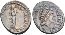 Marcus Antonius. Denarius, mint moving with M. Antonius in 38, AR 3.64 g. [M·ANTO]NIVS·M·F - M·N·AVGVR· IMP·TER· M.Antonius, veiled and togate, standi...