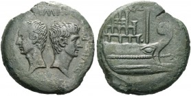 C. Caesar Octavianus. Dupondius, Colonia Iulia Viennesis circa 36, Æ 19.43 g. Bare heads of Julius Caesar and Octavian back to back. Rev. Prow r. with...