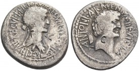 Cleopatra and Marcus Antonius. Denarius, mint moving with M. Antony 32, AR 3.34 g. CLEOPATRAE ·REGINAE·REGVM·FILIORVM·REGVM Draped and diademed bust o...
