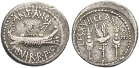 Marcus Antonius. Denarius, mint moving with M. Antony 32-31, AR 3.34 g. ANT AVG – III·VIR·R·P·C Galley r., with sceptre tied with fillet on prow. Rev....