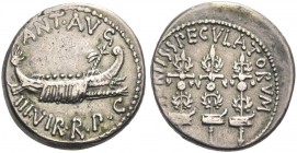 Marcus Antonius. Denarius, mint moving with M. Antony 32-31, AR 3.81 g. ANT AVG – III·VIR·R·P·C Galley r., with sceptre tied with fillet on prow. Rev....