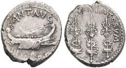 Marcus Antonius. Denarius, mint moving with M. Antony 32-31, AR 3.28 g. ANT AVG – III·VIR·R·P·C Galley r., with sceptre tied with fillet on prow. Rev....