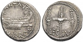 Marcus Antonius. Denarius, mint moving with M. Antony 32-31, AR 3.78 g. ANT AVG – III·VIR·R·P·C Galley r., with sceptre tied with fillet on prow. Rev....
