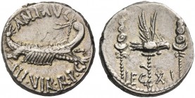 Marcus Antonius. Denarius, mint moving with M. Antony 32-31, AR 3.83 g. ANT AVG - III·VIR·R·P·C Galley r., with sceptre tied with fillet on prow. Rev....