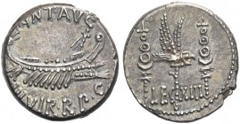 Marcus Antonius. Denarius, mint moving with M. Antony 32-31, AR 3.62 g. ANT AVG – III·VIR·R·P·C Galley r., with sceptre tied with fillet on prow. Rev....