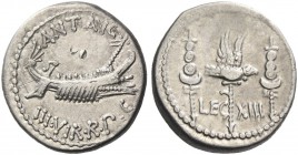 Marcus Antonius. Denarius, mint moving with M. Antony 32-31, AR 3.77 g. ANT AVG – III·VIR·R·P·C Galley r., with sceptre tied with fillet on prow. Rev....