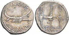 Marcus Antonius. Denarius, mint moving with M. Antony 32-31, AR 3.79 g. ANT AVG – III·VIR·R·P·C Galley r., with sceptre tied with fillet on prow. Rev....