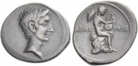 Octavian, 32 – 27 BC. Denarius, Brundisium or Roma circa 32-29 BC, AR 3.70 g. Bare head r. Rev. Naked male figure seated r. on rock, holding lyre. C 6...