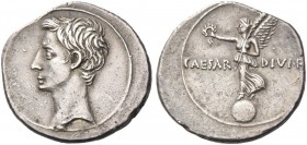 Octavian, 32 – 27 BC. Denarius, Brundisium and Rome circa 31-29 BC, AR 3.76 g. Bare head l. Rev. Victory standing l. on globe, holding wreath and palm...