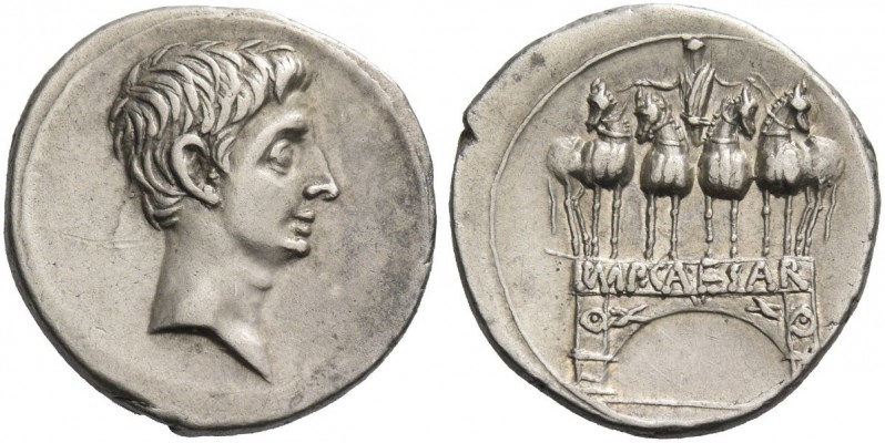 Octavian, 32 – 27 BC. Denarius, Brundisium or Roma 30-29 BC, AR 3.63 g. Bare hea...