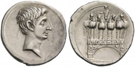Octavian, 32 – 27 BC. Denarius, Brundisium or Roma 30-29 BC, AR 3.63 g. Bare head r. Rev. Triumphal arch surmounted by facing quadriga driven by Octav...