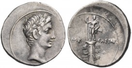 Octavian, 32 – 27 BC. Denarius, Brundisium or Roma circa 29-27 BC, AR 6.79 g. Laureate head of Octavian as Apollo r. Rev. Cloaked figure (Octavian ?) ...