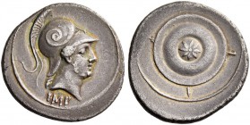 Octavian, 32 – 27 BC. Denarius, Brundisium or Roma 29-27 BC, AR 3.89 g. Helmeted head of Mars r. Rev. Round shield with eight-rayed star at centre, se...