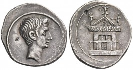 Octavian, 32 – 27 BC. Denarius, Brundisium or Roma circa 29-27 BC, AR 3.82 g. Bare head r. Rev. Inscribed architrave of temple with colonnaded base; V...