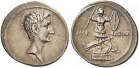 Octavian, 32 – 27 BC. Denarius, Brundisium and Roma (?) circa 29-27 BC, AR 4.08 g. Bare head r. Rev. Military trophy, its base crossed with rudder and...