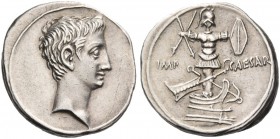 Octavian, 32 – 27 BC. Denarius, Brundisium or Roma circa 29-27 BC, AR 3.84 g. Bare head r. Rev. IMP – CAESAR Military trophy, its base crossed with ru...