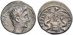 Octavian, 32 – 27 BC. Quinarius circa 29-27 BC, AR 1.67 g. Bare head r. Rev. Victory standing l., holding wreath and palm, on cista mistica between tw...