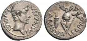 Octavian as Augustus, 27 BC – 14 AD. Denarius, Emerita circa 25-23 BC, AR 3.67 g. Bare head r. Rev. Helmet between dagger and bipennis. C 406. RIC 7a....