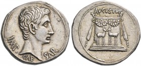 Octavian as Augustus, 27 BC – 14 AD. Cistophoric tetradrachm, Ephesus circa 24-20 BC, AR 11.88 g. Bare head r. Rev. Garlanded altar decorated with two...