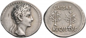Octavian as Augustus, 27 BC – 14 AD. Denarius, Colonia Patricia (?) circa 20-19 BC, AR 3.87 g. Laureate head r. Rev. Two laurel-branches. C 47. RIC 51...