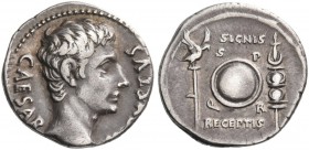 Octavian as Augustus, 27 BC – 14 AD. Denarius, Colonia Patricia (?) circa 19 BC, AR 3.85 g. Bare head r. Rev. Aquila, on l., and standard, on r., flan...