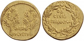 Octavian as Augustus, 27 BC – 14 AD. Aureus, Caesaraugusta circa 19-18 BC, AV 7.75 g. Two laurel branches. Rev. Legend within civic oak crown. C 206. ...
