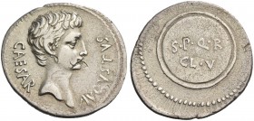 Octavian as Augustus, 27 BC – 14 AD. Denarius, Colonia Caesaraugusta circa 19-18 BC, AR 3.58 g. Bare head r. Rev. Round shield inscribed S·P·Q·R / CL·...