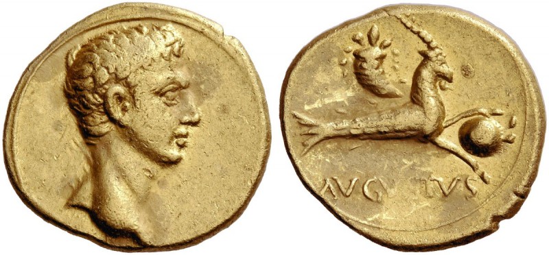 Octavian as Augustus, 27 BC – 14 AD. Aureus, Colonia Patricia circa 18-17/16, AV...