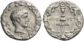 Octavian as Augustus, 27 BC – 14 AD. Denarius, uncertain mint circa 17 BC, AR 3.75 g. Bare youthful head r., within oak-wreath Rev. Candelabrum within...