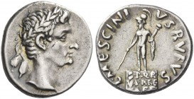 Octavian as Augustus, 27 BC – 14 AD. L. Mescinius Rufus. Denarius circa 16 BC, AR 3.79 g. Laureate head r. Rev. Mars, helmeted and cloaked, holding sp...