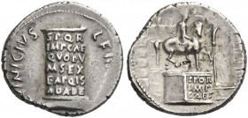 Octavian as Augustus, 27 BC – 14 AD. L. Vinicius. Denarius 16 BC, AR 3.99 g. Equestrian statue of Augustus before the walls of a city. Rev. Cippus ins...