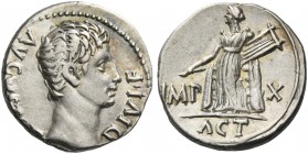 Octavian as Augustus, 27 BC – 14 AD. Denarius, Lugdunum 15-13 BC, AR 3.86 g. Bare head r. Rev. Apollo Citharoedus standing l., holding plectrum and ly...