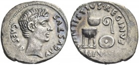 Octavian as Augustus, 27 BC – 14 AD. C. Antistius Reginus. Denarius 13 BC, AR 3.12 g. Bare head r. Rev. Sacrificial implements: simpulum, lituus, trip...