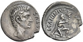 Octavian as Augustus, 27 BC – 14 AD. L. Caninius Gallus. Denarius 12 BC, AR 4.06 g. Bare head r. Rev. Bearded barbarian, with cloak over shoulder, kne...