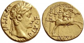Octavian as Augustus, 27 BC – 14 AD. Aureus, Lugdunum 8 BC, AV 7.84 g. Laureate head r. Rev. Caesar galloping r., holding a sword in r. hand and shiel...