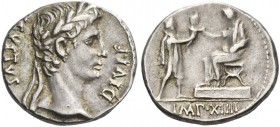 Octavian as Augustus, 27 BC – 14 AD. Denarius, Lugdunum 8 BC, AR 3.81 g. Laureate head r. Rev. Augustus, togate, seated l. on stool on platform, exten...