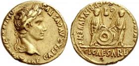 Octavian as Augustus, 27 BC – 14 AD. Aureus, Lugdunum 2 BC – 4 AD, AV 7.84 g. Laureate head r. Rev. Caius and Lucius standing facing. C 42. RIC 206. C...