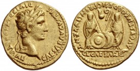 Octavian as Augustus, 27 BC – 14 AD. Aureus, Lugdunum 2 BC – 4 AD, AV 7.83 g. Laureate head r. Rev. Caius and Lucius standing facing. C 42. RIC 206. C...