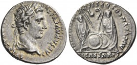 Octavian as Augustus, 27 BC – 14 AD. Denarius, Lugdunum 2 BC – 4 AD, AR 3.68 g. Laureate head r. Rev. Caius and Lucius standing facing, holding shield...
