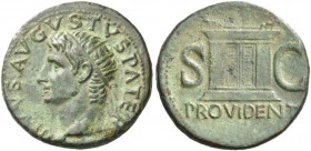 Octavian as Augustus, 27 BC – 14 AD. Divus Augustus. As circa 22/23-30, Æ 11.20 g. Radiate head of Augustus l. Rev. S – C Altar enclosure with double-...