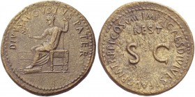 Octavian as Augustus, 27 BC – 14 AD. Divus Augustus. Sestertius 80-81, Æ 23.12 g. Augustus, radiate and togate, seated l. on chair, holding patera and...