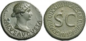 Octavian as Augustus, 27 BC – 14 AD, in the name of Livia, wife of Augustus. Dupondius 22-23, Æ 14.74 g. Draped bust of Livia as Salus r. Rev. Legend ...