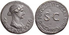 Octavian as Augustus, 27 BC – 14 AD, in the name of Livia, wife of Augustus. Dupondius 22-23, Æ 14.88 g. Draped bust of Livia as Salus r. Rev. Legend ...