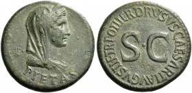 Octavian as Augustus, 27 BC – 14 AD, in the name of Livia, wife of Augustus. Dupondius 22-23, Æ 14.20 g. Veiled, draped and diademed bust of Livia as ...