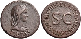Octavian as Augustus, 27 BC – 14 AD, in the name of Livia, wife of Augustus. Dupondius 22-23, Æ 13.38 g. Veiled, draped and diademed bust of Livia as ...